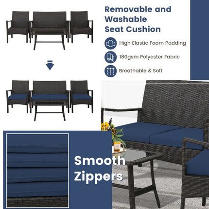 4 Pieces Outdoor Rattan Conversation Set with Tempered Glass Coffee Table-Navy - Navy - Patio Conversation Sets