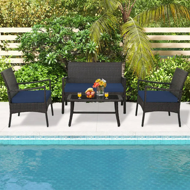 4 Pieces Outdoor Rattan Conversation Set with Tempered Glass Coffee Table-Navy - Navy - Patio Conversation Sets