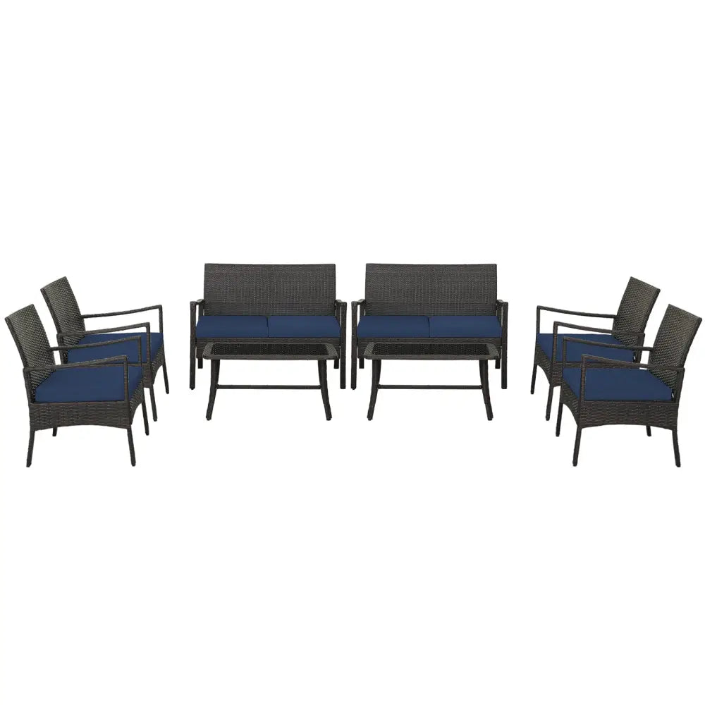 4 Pieces Outdoor Rattan Conversation Set with Tempered Glass Coffee Table-Navy - Navy - Patio Conversation Sets