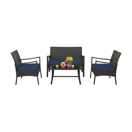 4 Pieces Outdoor Rattan Conversation Set with Tempered Glass Coffee Table-Navy - Navy - Patio Conversation Sets
