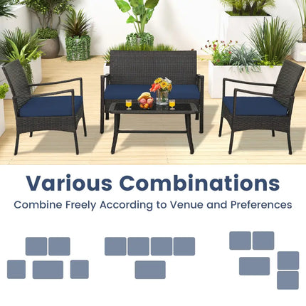4 Pieces Outdoor Rattan Conversation Set with Tempered Glass Coffee Table-Navy - Navy - Patio Conversation Sets