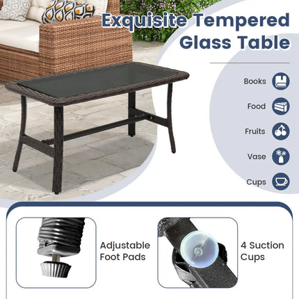 4 Pieces Outdoor Rattan Conversation Set with Tempered Glass Coffee Table-Navy - Navy - Patio Conversation Sets
