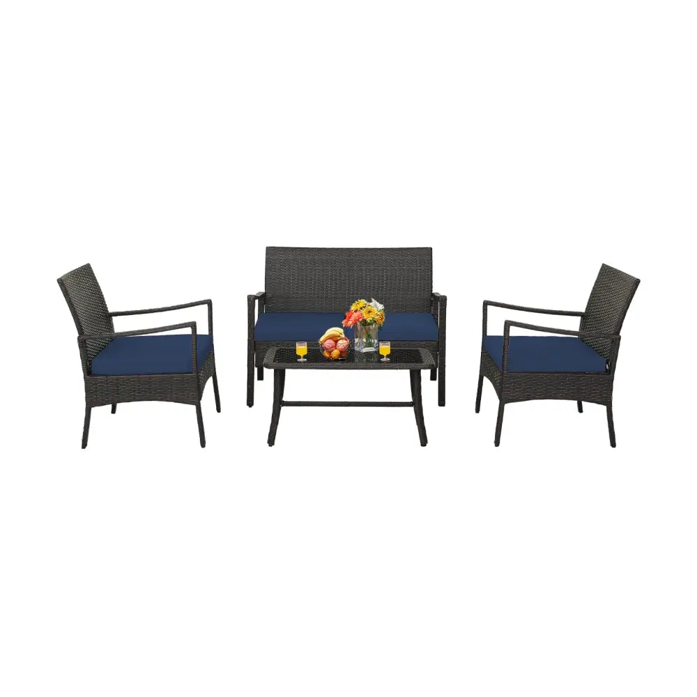 4 Pieces Outdoor Rattan Conversation Set with Tempered Glass Coffee Table-Navy - Navy - Patio Conversation Sets