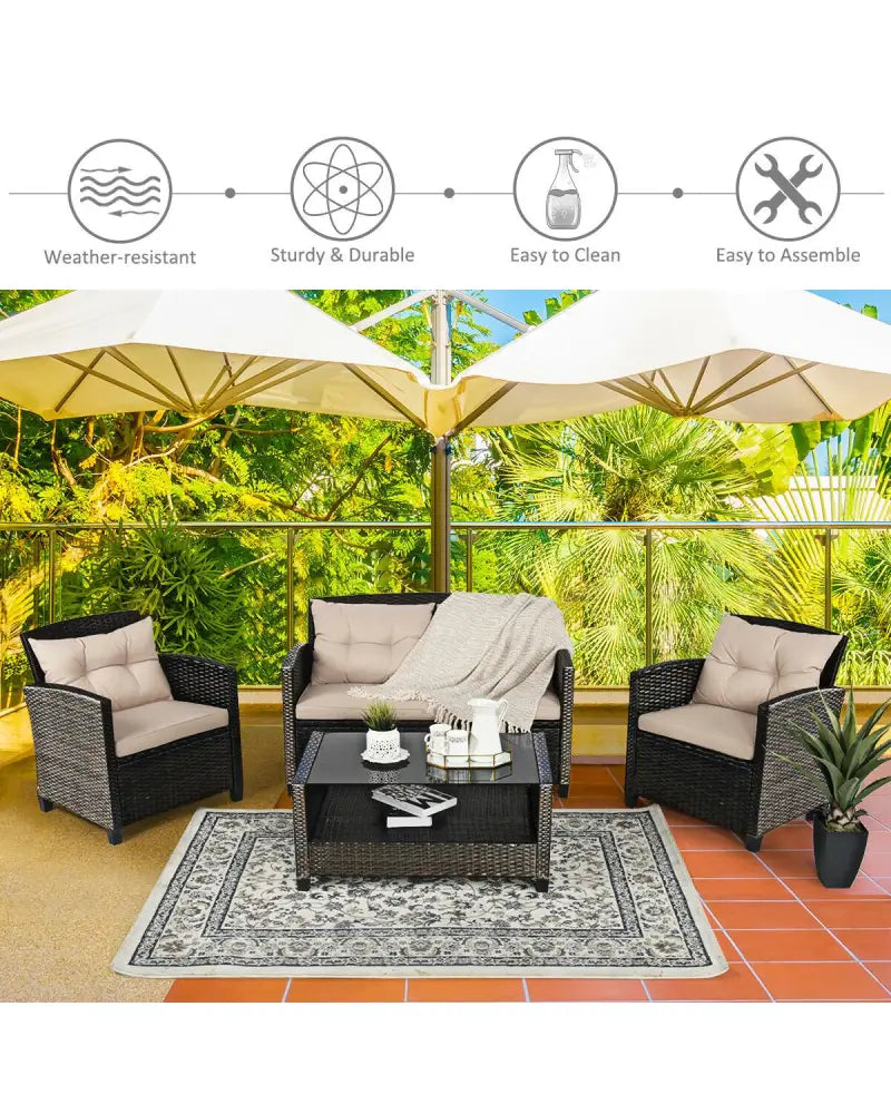 4 Pieces Outdoor Rattan Furniture Set with Glass Table - Patio Conversation Sets
