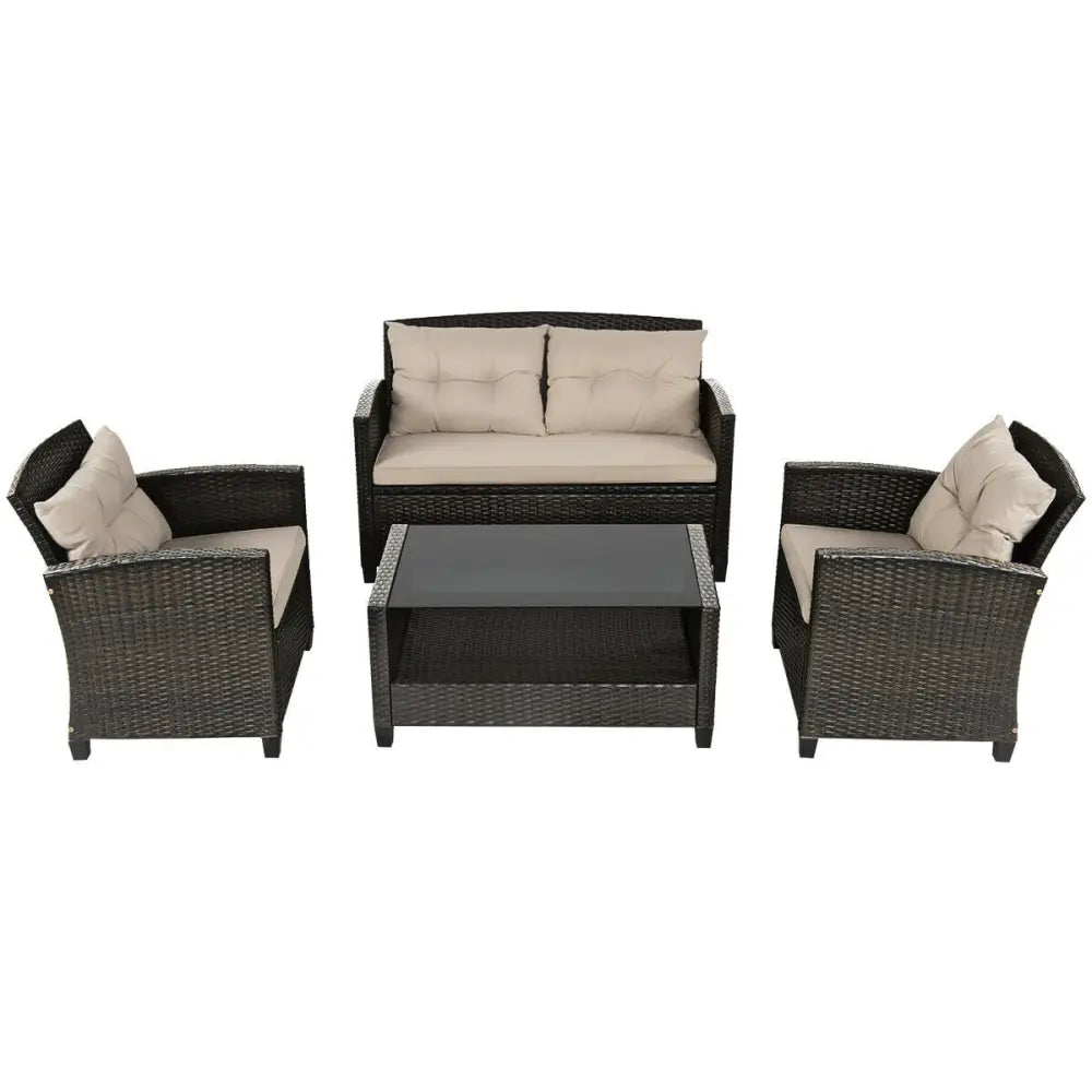 4 Pieces Outdoor Rattan Furniture Set with Glass Table - Patio Conversation Sets