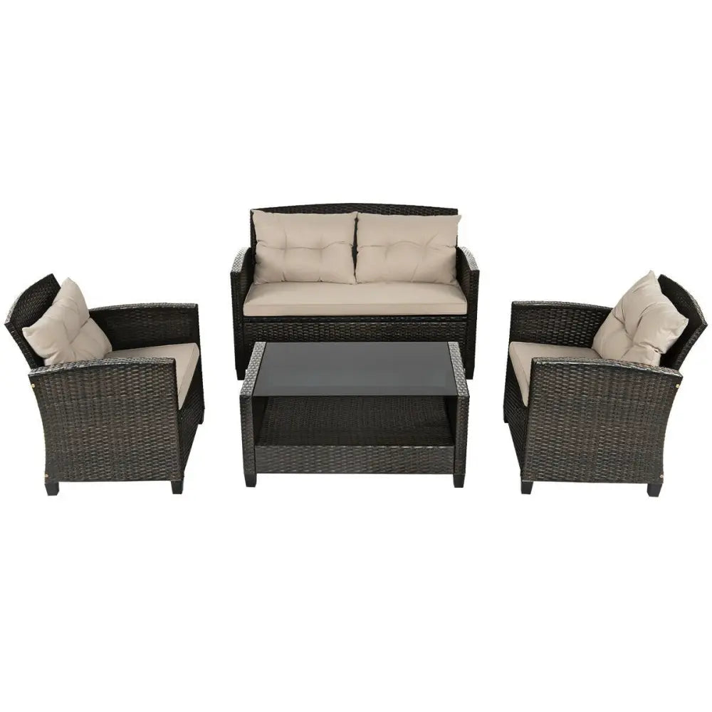 4 Pieces Outdoor Rattan Furniture Set with Glass Table - Patio Conversation Sets