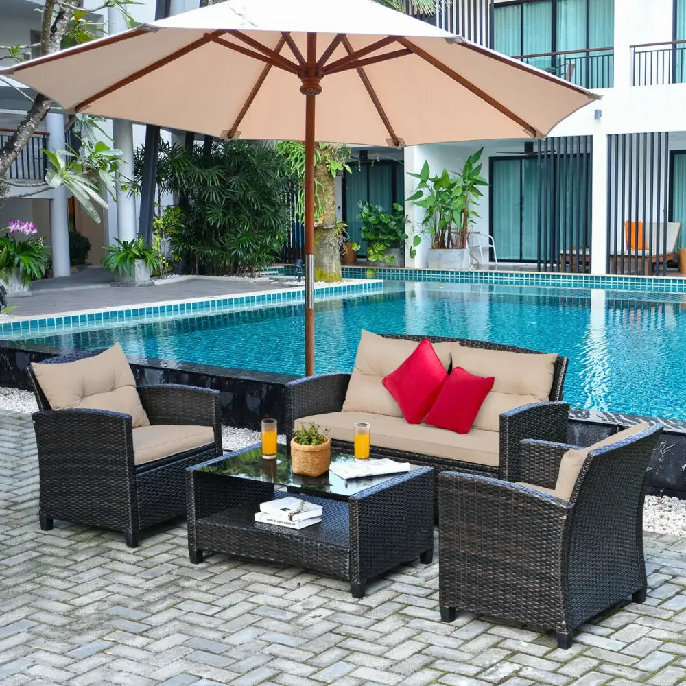 4 Pieces Outdoor Rattan Furniture Set with Glass Table - Patio Conversation Sets