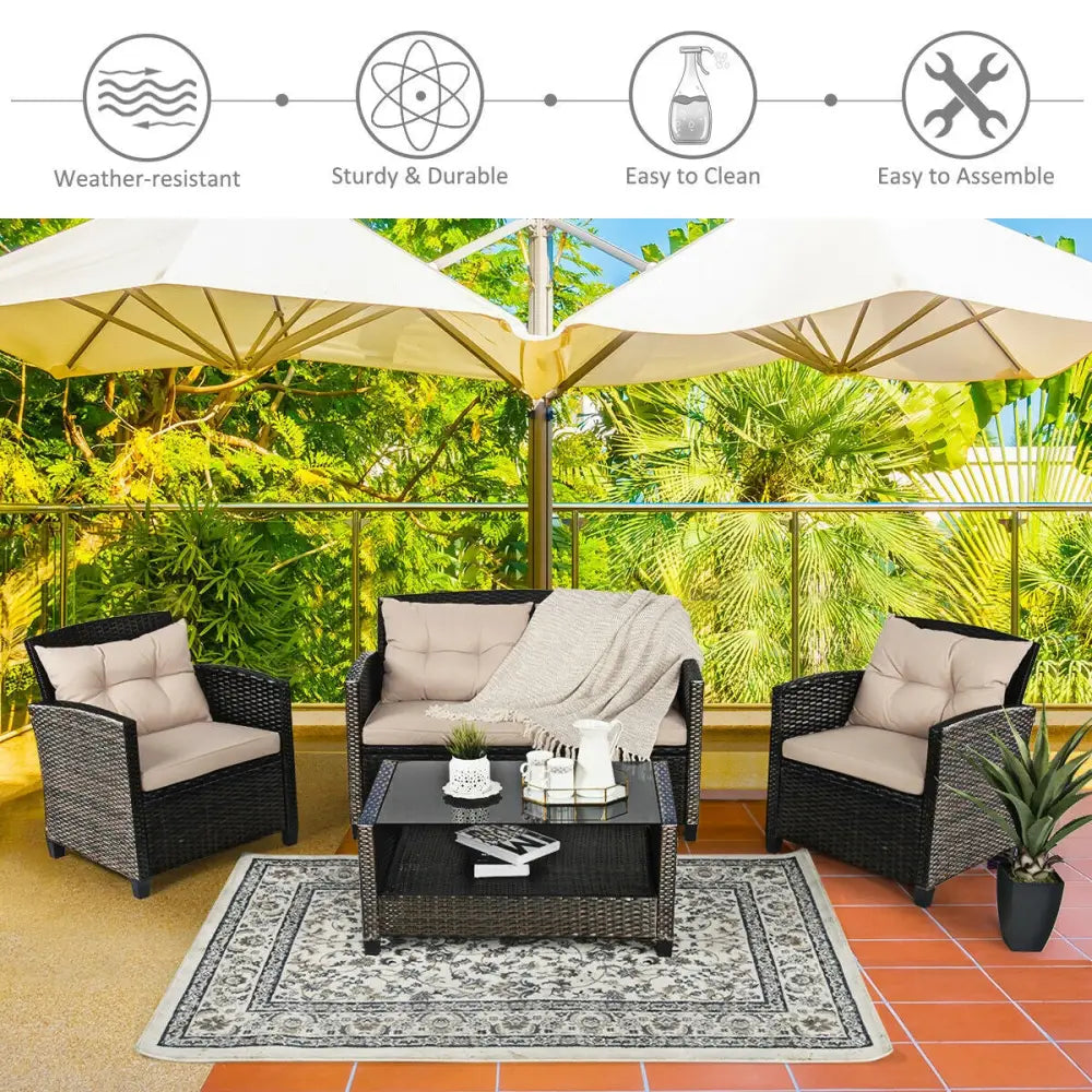 4 Pieces Outdoor Rattan Furniture Set with Glass Table - Patio Conversation Sets