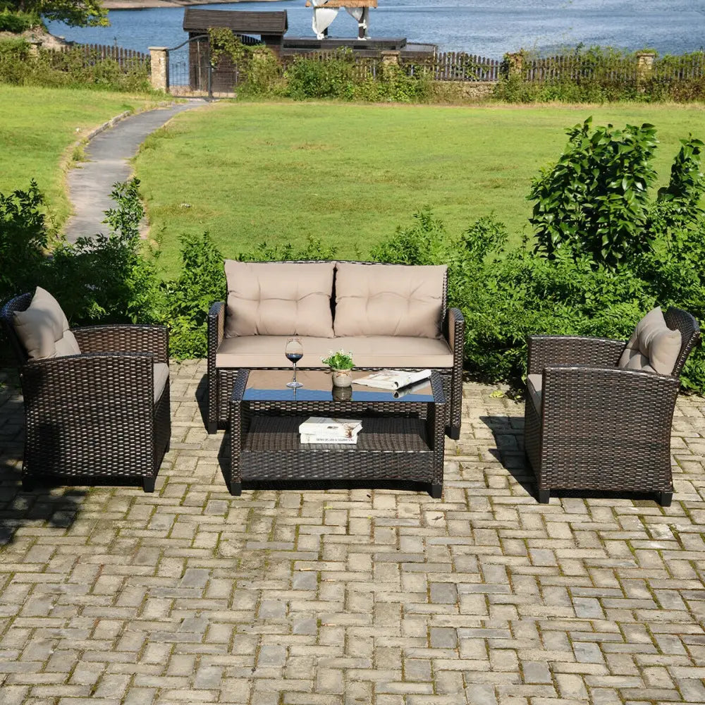 4 Pieces Outdoor Rattan Furniture Set with Glass Table - Patio Conversation Sets
