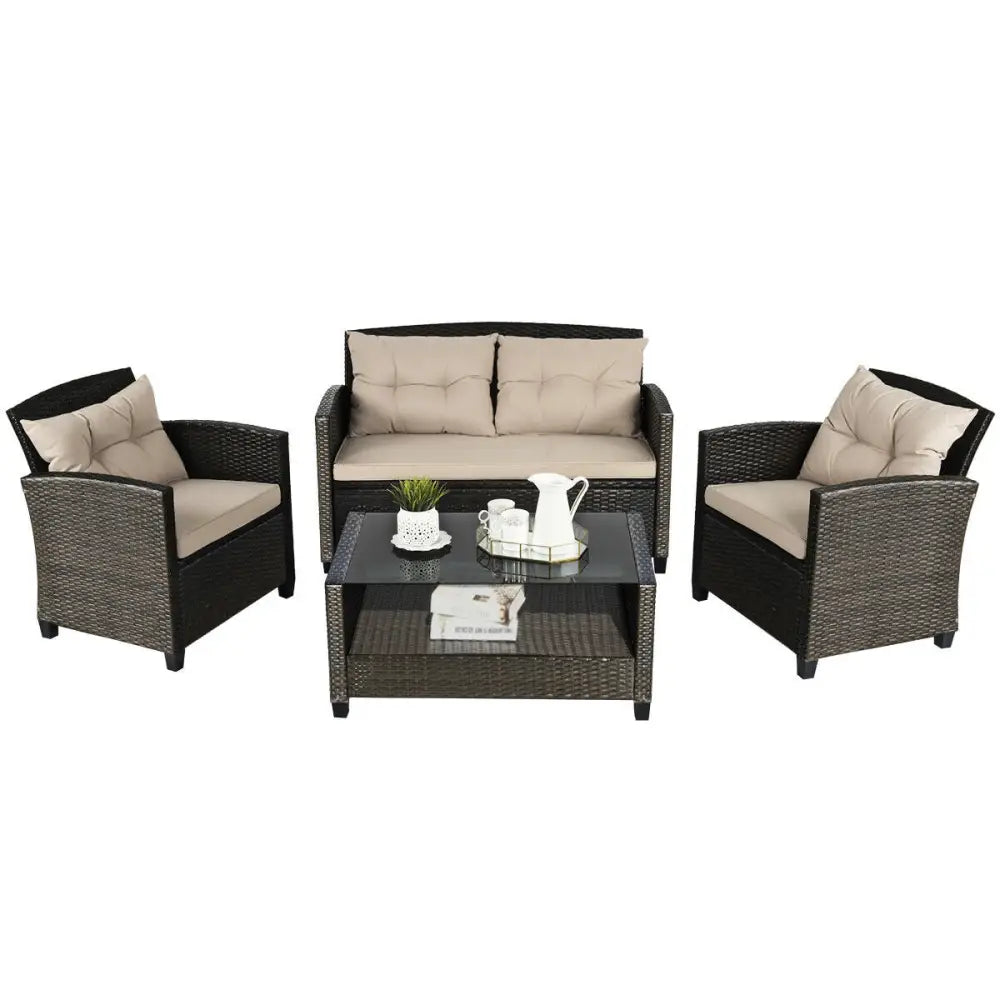 4 Pieces Outdoor Rattan Furniture Set with Glass Table - Patio Conversation Sets
