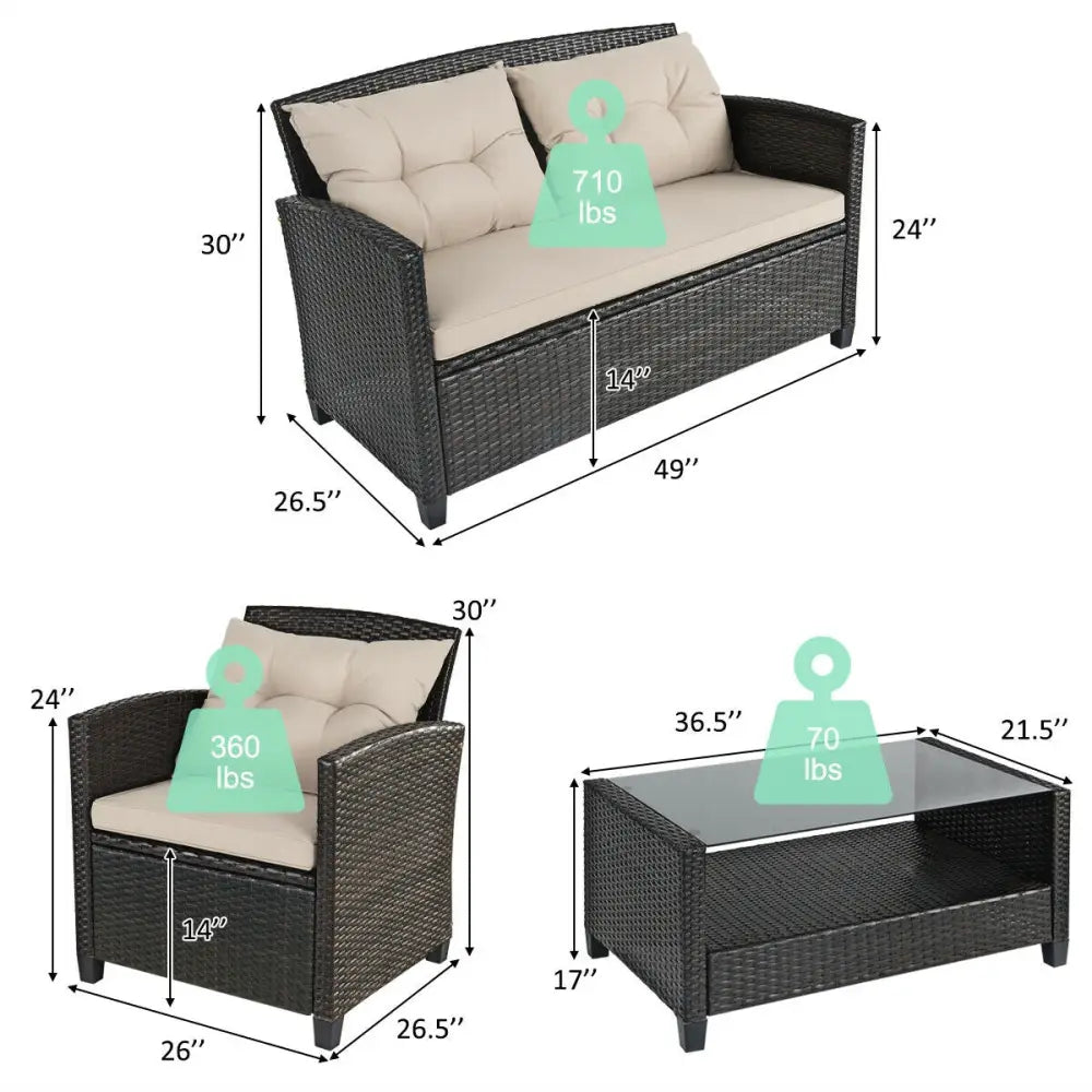 4 Pieces Outdoor Rattan Furniture Set with Glass Table - Patio Conversation Sets