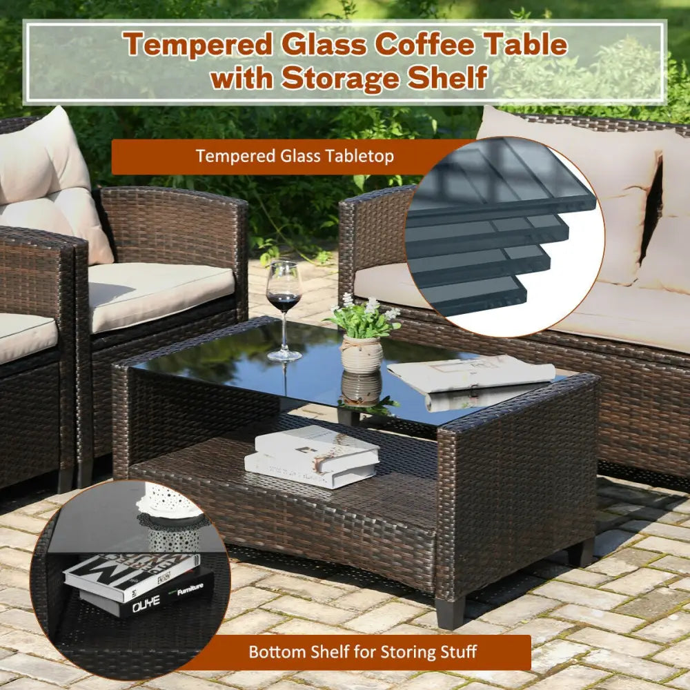 4 Pieces Outdoor Rattan Furniture Set with Glass Table - Patio Conversation Sets