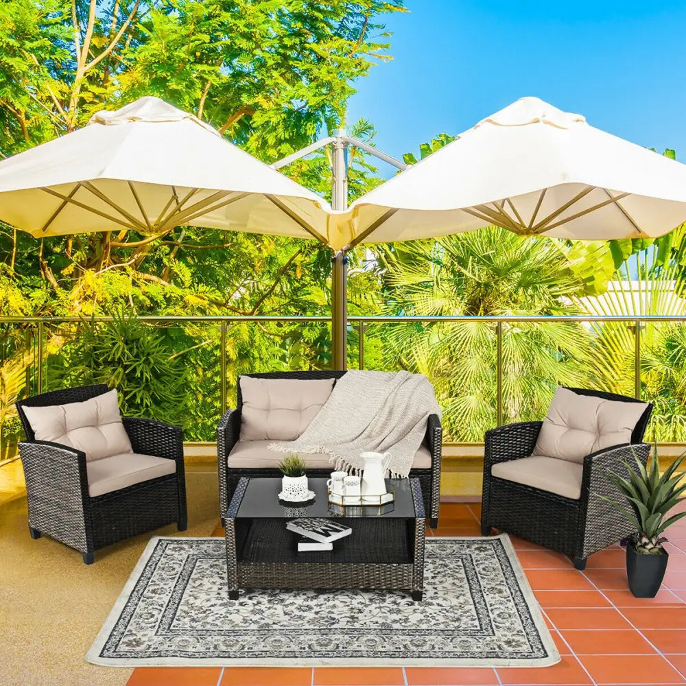 4 Pieces Outdoor Rattan Furniture Set with Glass Table - Patio Conversation Sets