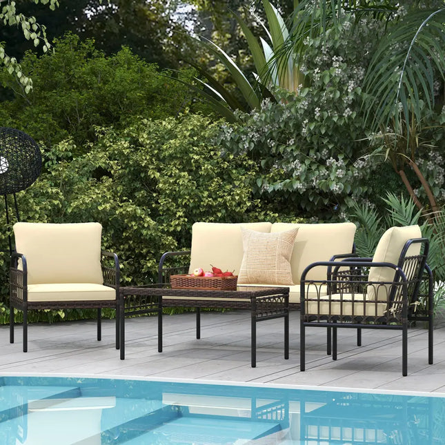 4 Pieces Outdoor Wicker Conversation Bistro Set with Soft Cushions and Tempered Glass Coffee Table-Brown - Brown