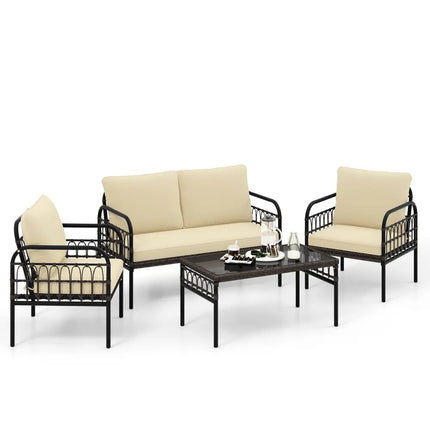 4 Pieces Outdoor Wicker Conversation Bistro Set with Soft Cushions and Tempered Glass Coffee Table-Brown - Brown