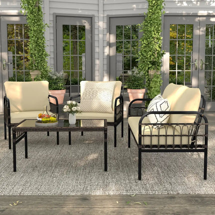 4 Pieces Outdoor Wicker Conversation Bistro Set with Soft Cushions and Tempered Glass Coffee Table-Brown - Brown