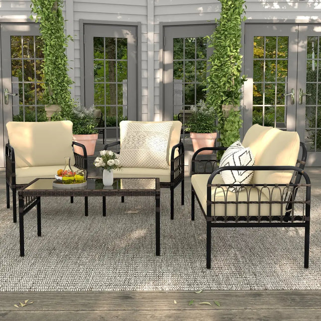 4 Pieces Outdoor Wicker Conversation Bistro Set with Soft Cushions and Tempered Glass Coffee Table-Brown - Brown