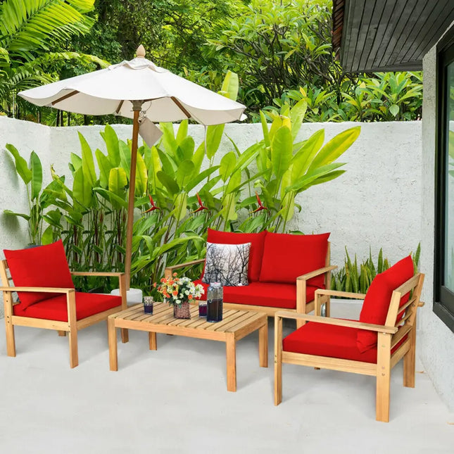 4 Pieces Patio Acacia Wood Thick Cushion Loveseat Sofa Set-Red - Red - Patio Conversation Sets