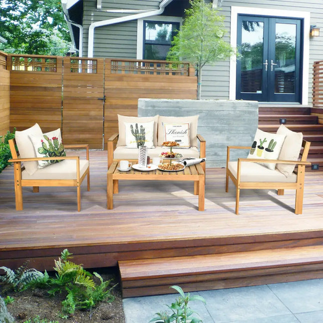 4 Pieces Patio Acacia Wood Thick Cushion Loveseat Sofa Set-White - White - Patio Conversation Sets