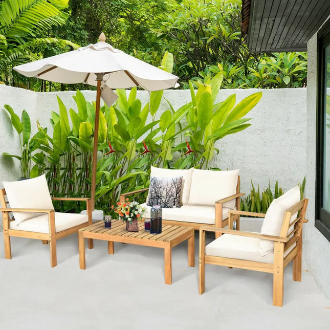 4 Pieces Patio Acacia Wood Thick Cushion Loveseat Sofa Set-White - White - Patio Conversation Sets