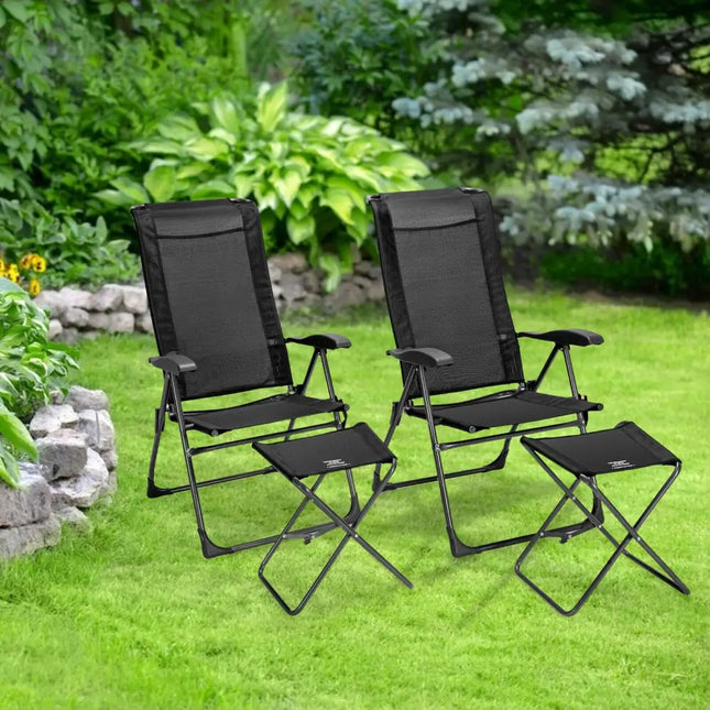 4 Pieces Patio Adjustable Back Folding Dining Chair Ottoman Set-Black - Black - Patio Dining Chairs