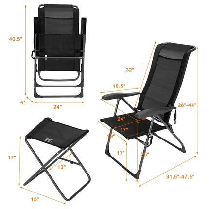 4 Pieces Patio Adjustable Back Folding Dining Chair Ottoman Set-Black - Black - Patio Dining Chairs