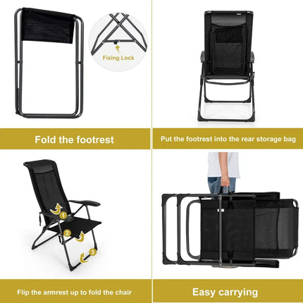 4 Pieces Patio Adjustable Back Folding Dining Chair Ottoman Set-Black - Black - Patio Dining Chairs