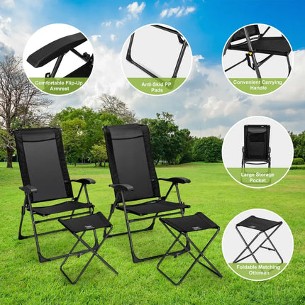 4 Pieces Patio Adjustable Back Folding Dining Chair Ottoman Set-Black - Black - Patio Dining Chairs