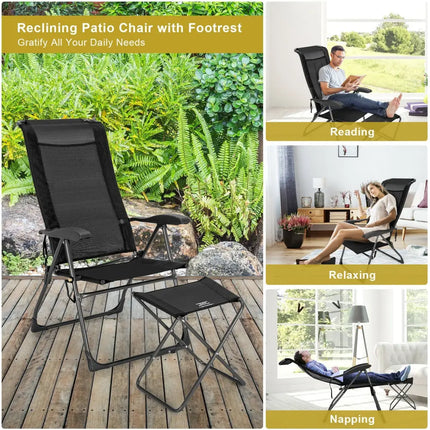 4 Pieces Patio Adjustable Back Folding Dining Chair Ottoman Set-Black - Black - Patio Dining Chairs