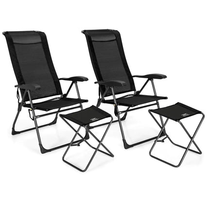 4 Pieces Patio Adjustable Back Folding Dining Chair Ottoman Set-Black - Black - Patio Dining Chairs