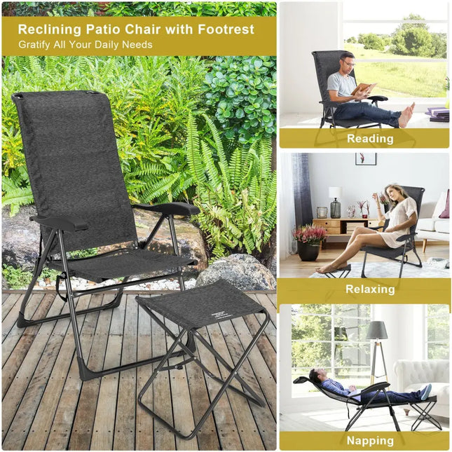 4 Pieces Patio Adjustable Back Folding Dining Chair Ottoman Set-Gray - Gray - Patio Dining Chairs