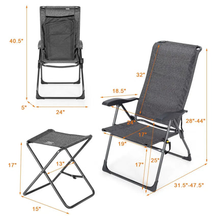 4 Pieces Patio Adjustable Back Folding Dining Chair Ottoman Set-Gray - Gray - Patio Dining Chairs