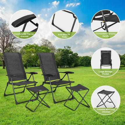 4 Pieces Patio Adjustable Back Folding Dining Chair Ottoman Set-Gray - Gray - Patio Dining Chairs