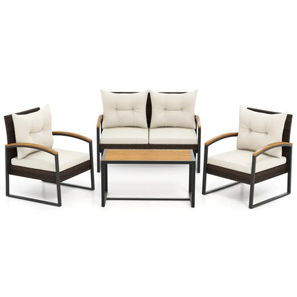 4 Pieces Patio Conversation Set with Acacia Wood Armrests and Tabletop and Cushions-White - White - Patio Conversation