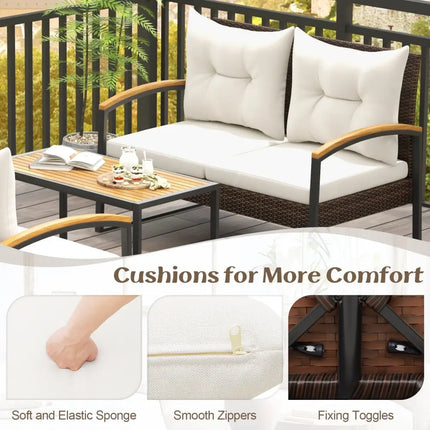 4 Pieces Patio Conversation Set with Acacia Wood Armrests and Tabletop and Cushions-White - White - Patio Conversation