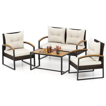 4 Pieces Patio Conversation Set with Acacia Wood Armrests and Tabletop and Cushions-White - White - Patio Conversation