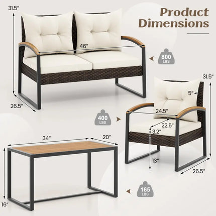 4 Pieces Patio Conversation Set with Acacia Wood Armrests and Tabletop and Cushions-White - White - Patio Conversation