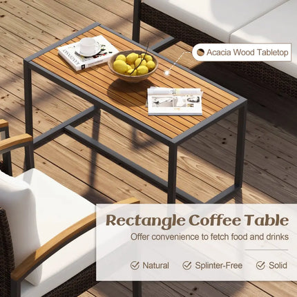 4 Pieces Patio Conversation Set with Acacia Wood Armrests and Tabletop and Cushions-White - White - Patio Conversation