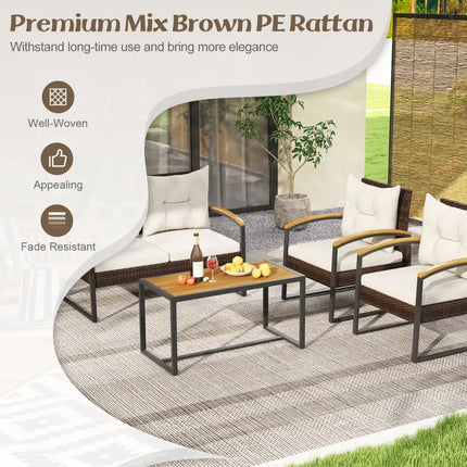 4 Pieces Patio Conversation Set with Acacia Wood Armrests and Tabletop and Cushions-White - White - Patio Conversation