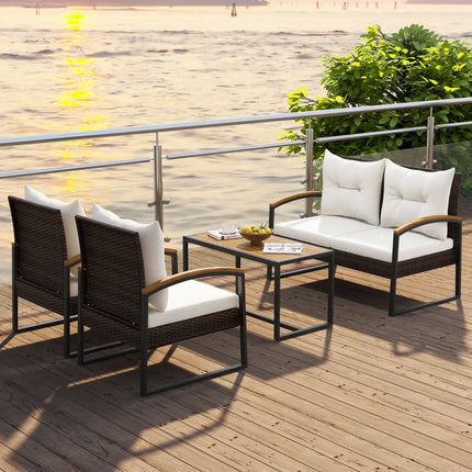 4 Pieces Patio Conversation Set with Acacia Wood Armrests and Tabletop and Cushions-White - White - Patio Conversation