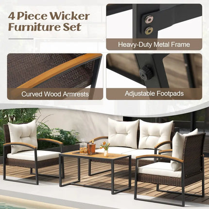 4 Pieces Patio Conversation Set with Acacia Wood Armrests and Tabletop and Cushions-White - White - Patio Conversation