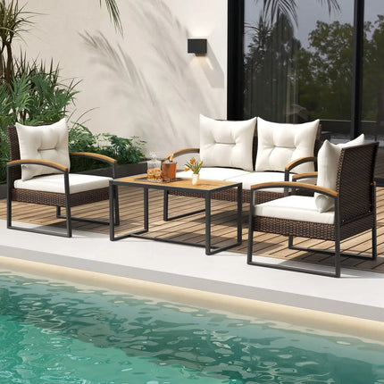 4 Pieces Patio Conversation Set with Acacia Wood Armrests and Tabletop and Cushions-White - White - Patio Conversation