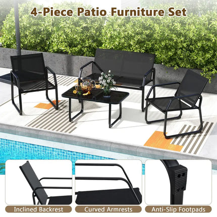4 Pieces Patio Conversation Set with Breathable Fabric Seat and Tempered Glass Tabletop-Black - Black - Patio
