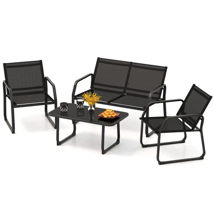 4 Pieces Patio Conversation Set with Breathable Fabric Seat and Tempered Glass Tabletop-Black - Black - Patio