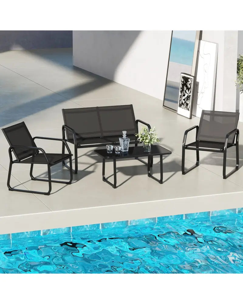 4 Pieces Patio Conversation Set with Breathable Fabric Seat and Tempered Glass Tabletop-Black - Black - Patio