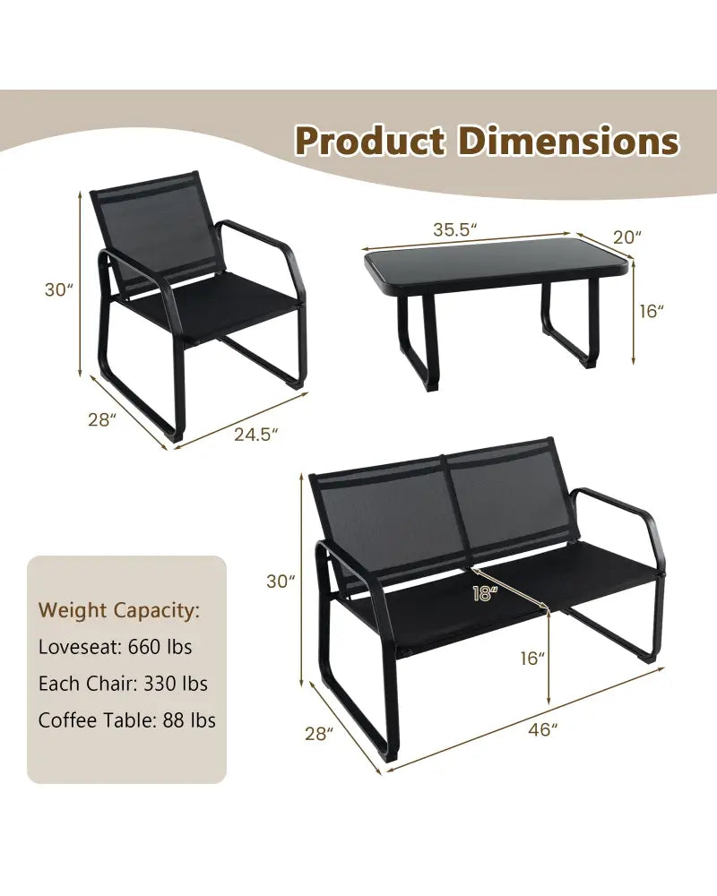 4 Pieces Patio Conversation Set with Breathable Fabric Seat and Tempered Glass Tabletop-Black - Black - Patio