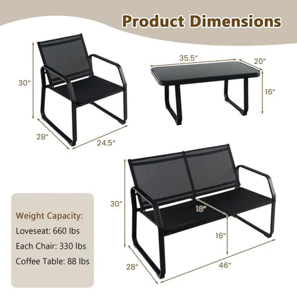 4 Pieces Patio Conversation Set with Breathable Fabric Seat and Tempered Glass Tabletop-Black - Black - Patio