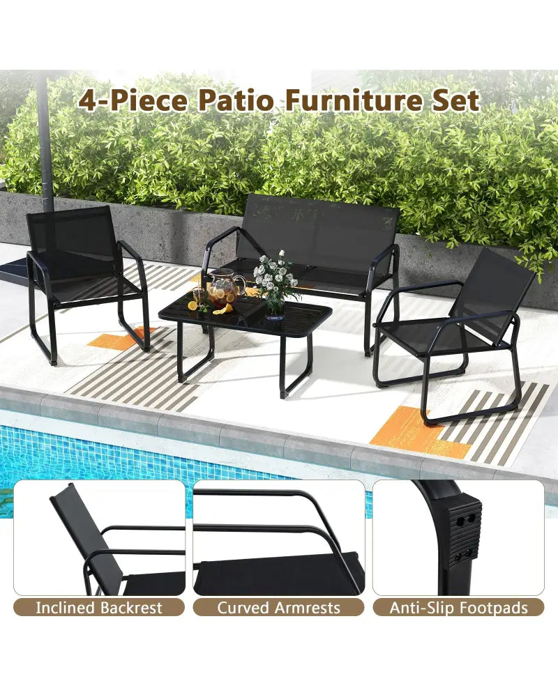 4 Pieces Patio Conversation Set with Breathable Fabric Seat and Tempered Glass Tabletop-Black - Black - Patio