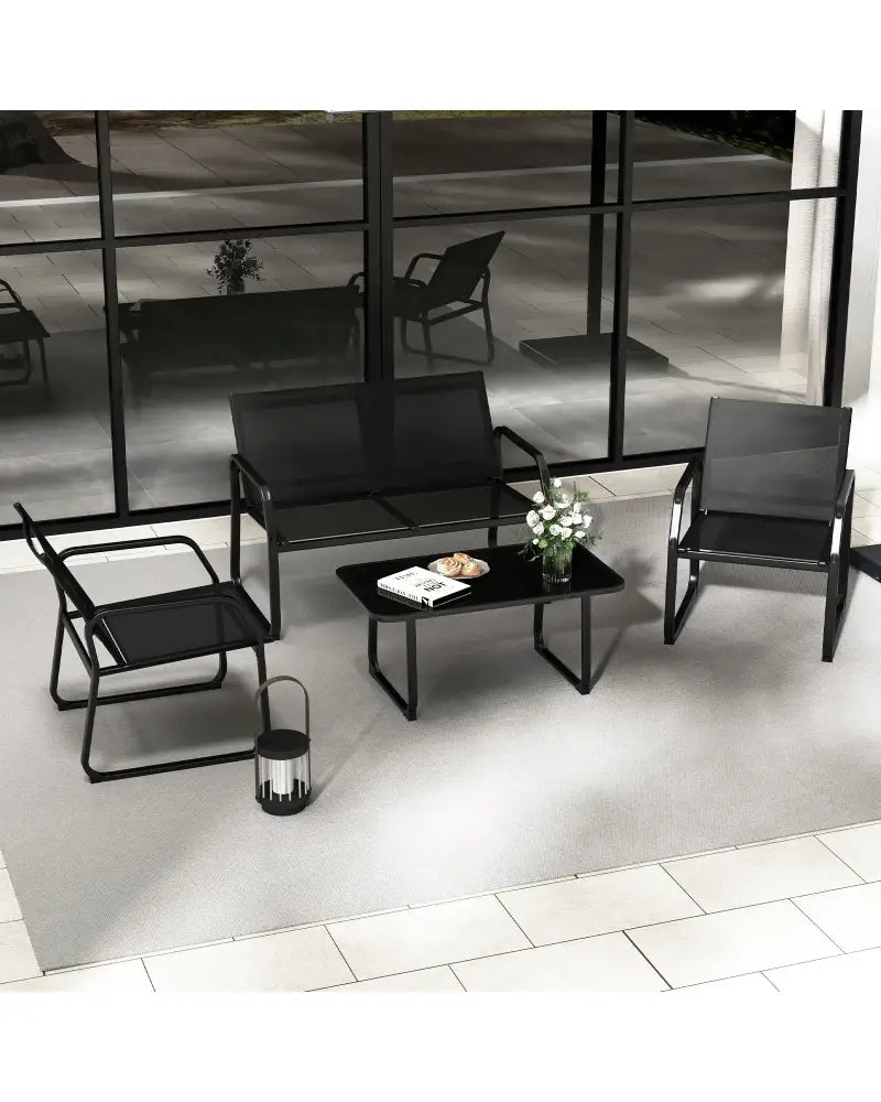 4 Pieces Patio Conversation Set with Breathable Fabric Seat and Tempered Glass Tabletop-Black - Black - Patio
