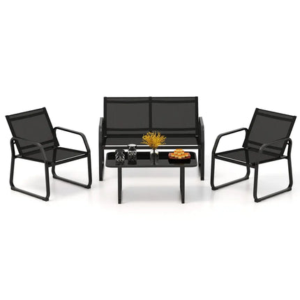 4 Pieces Patio Conversation Set with Breathable Fabric Seat and Tempered Glass Tabletop-Black - Black - Patio